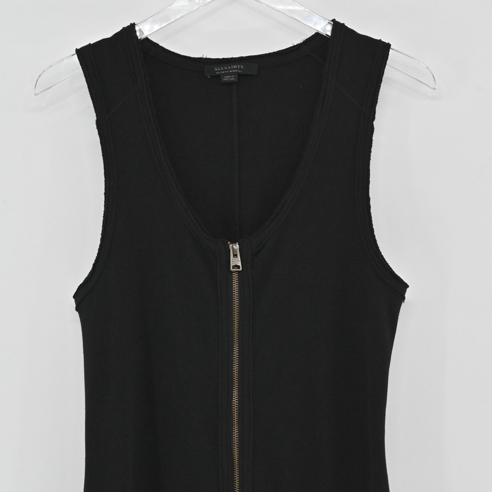 ALLSAINTS Alicia Midi Dress Size 10 Black Goth Sleeveless Ribbed Zip Front Chic‎ - Picture 8 of 11